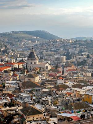 An aerial view of the old town of Nazareth, with the Church of the Annunciation at the centre.jpg